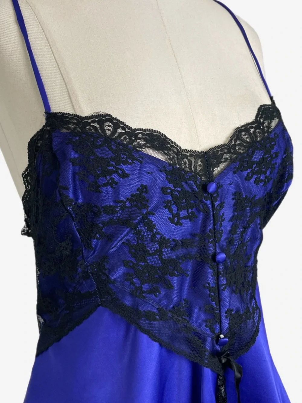 Vintage 90s Amelia’s Royal purple blue satin black sheer lace chemise lingerie S - Picture 4 of 11